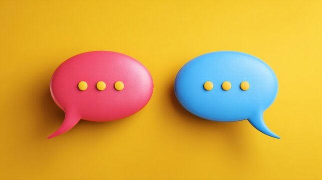 Two chat bubbles in pink and blue are misaligned with small dots, showing a moment of confusion in conversation against a yellow background.