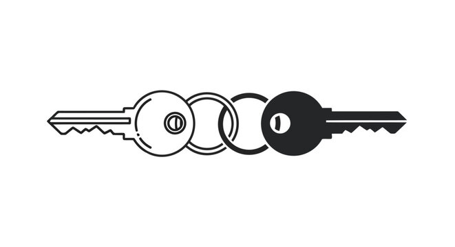 Three distinct keys connected by a single ring in black and white illustration