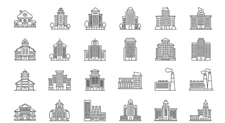 Fototapeta premium Diverse architectural styles illustrated in minimalist black and white line drawings