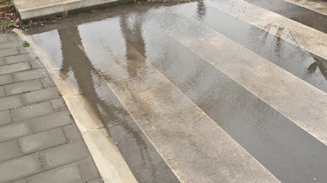 Rain-soaked pedestrian zebra crossing with wide white stripes partially submerged in shallow muddy puddles. 4K.