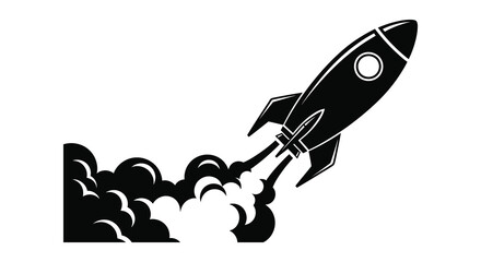 Silhouette of a rocket ship blasting off into space with flames and smoke © AvenLys20