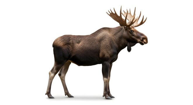 Majestic moose with large antlers standing alone isolated on white background in a natural pose