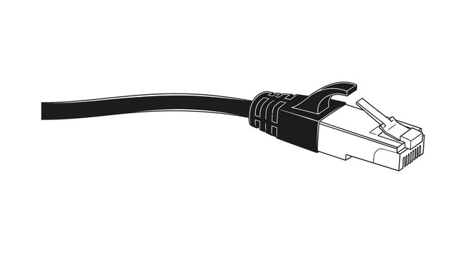 Silhouette of a black ethernet cable with rj45 connector on a white background