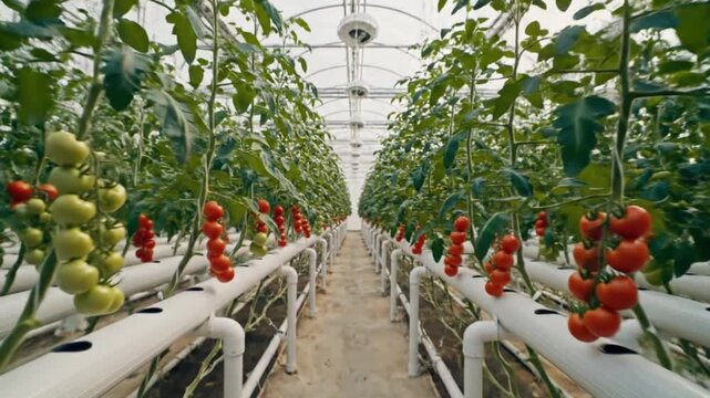 Footage of Sustainable Hydroponic Tomato Growth Inside a Modern Greenhouse