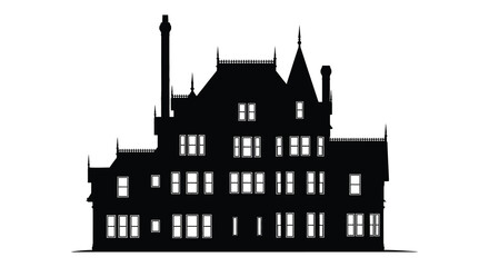 Silhouette of a large gothic style mansion with spires and turrets silhouette © arfanah02