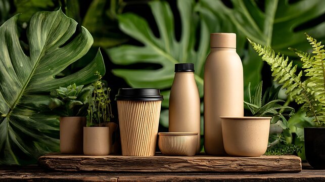 A collection of eco-friendly bamboo products on a wooden tray surrounded by lush greenery