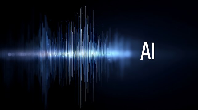 A futuristic sound wave graphic with the letters AI on a dark background
