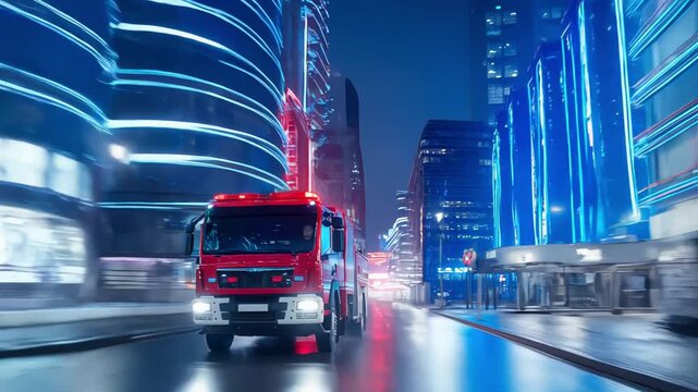 Bright City Lights Reflect As Emergency Vehicle Swiftly Moves By