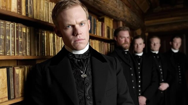 Stern Mormon elders, dressed in conservative attire, standing in a vintage library surrounded by old books, representing devout believers and their strong spiritual traditions