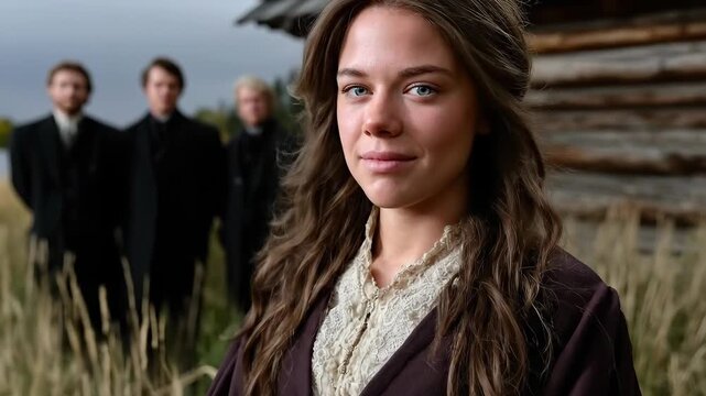 Young Mormon woman, faithful member of a traditional religious community, standing outdoors, embodying pioneer values and simple devotion near a rustic cabin