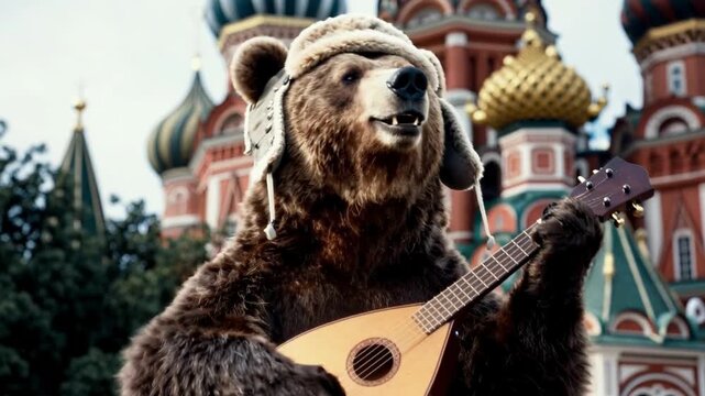 A cheerful Russian brown bear plays a folk song on the balalaika and sings in Moscow's Red Square.