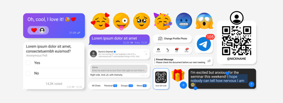 Telegram messenger UI elements set including chat bubbles, notifications, QR code profile, reactions and interface widgets. Modern social media communication components for app and UI design.