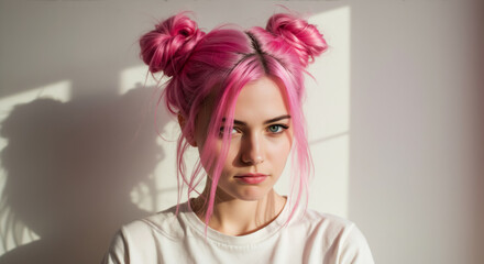 Naklejka premium Portrait of young woman with messy pink space buns hairstyle. Female model with colorful dyed hair and shadow on wall