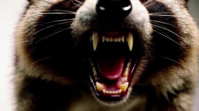 Raging raccoon, animal rage. The enraged animal lunges directly at the camera, its mouth wide open, revealing sharp teeth.