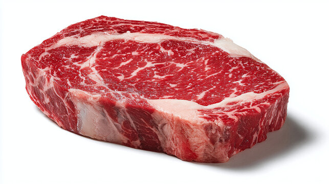 Premium raw beef ribeye primal cut with marbling on white background