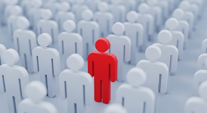 Symbolic image of a single red figure among many white figures, representing difference