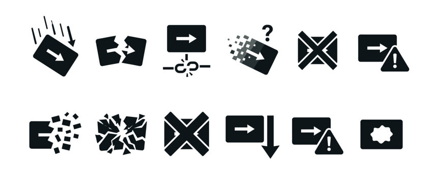 Black vector icons illustrate data transfer and processing problems, featuring broken links, corrupted files, failed operations, and system errors, in a modern, flat graphic style
