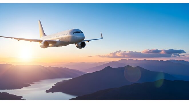 Airplane flying over a serene landscape with a large body of water and mountains during sunset