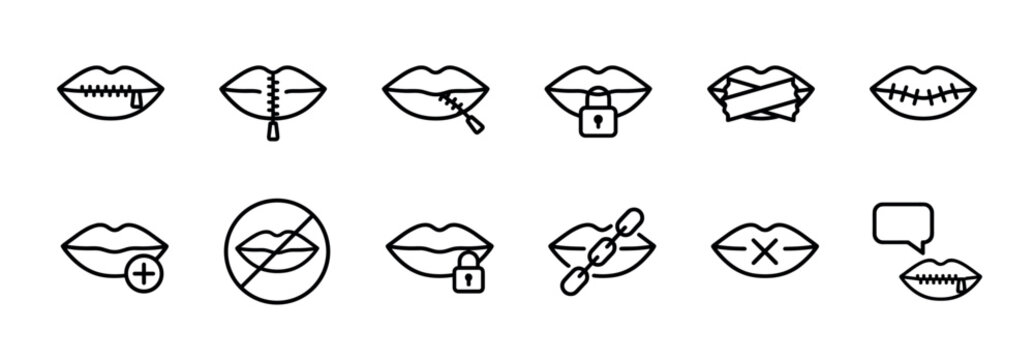 Collection of black line art lips icons depicting various forms of silence, censorship, and restricted speech, presented in a clean, modern, minimalist style