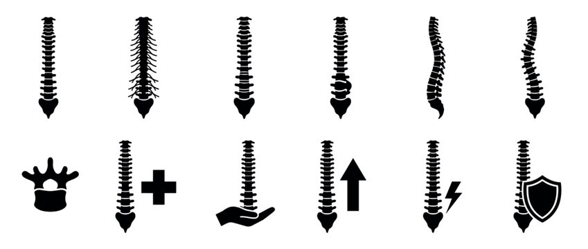 Black silhouette human spine anatomy icons illustrating various conditions, care, and health concepts in a clean, minimalist style