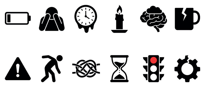 Twelve black and white stress-related icons depict concepts of low energy, mental strain, time pressure, and various obstacles in a clean graphic style