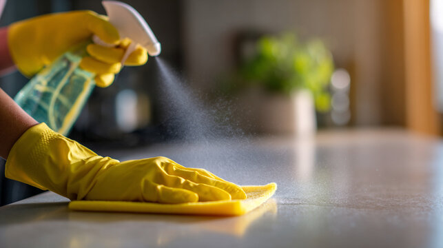 Close up of woman hands spraying disinfectant cleaner on kitchen counter for hygiene and germ prevention