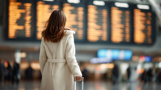 Woman holding suitcase while watching flight cancellation board at airport after global conflict escalation, blurred airport background