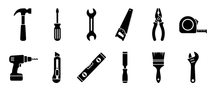 Black silhouette icons of various construction tools, including a hammer, screwdriver, saw, and drill, presented in a clean, minimalist graphic style