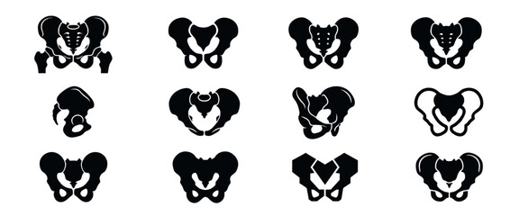 Fototapeta premium Twelve black silhouette human pelvic bone illustrations are depicted in a grid, showcasing various anatomical views and stylized representations of the skeletal structure