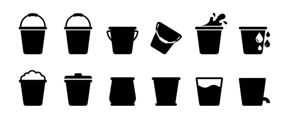 Collection of various black silhouette bucket icons, depicting different types of pails, some with handles, some full of liquid, foam, or spilling, in a clean graphic style