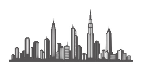 Fototapeta premium Dark grey silhouette of a modern city skyline with varied skyscrapers buildings