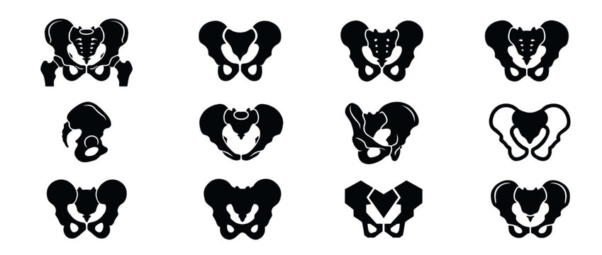 Twelve black silhouette human pelvic bone illustrations are depicted in a grid, showcasing various anatomical views and stylized representations of the skeletal structure