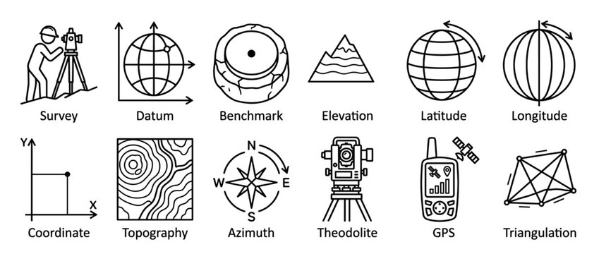 Comprehensive collection of black line art surveying and mapping icons illustrating various geodetic concepts and instruments in a clear, minimalist style