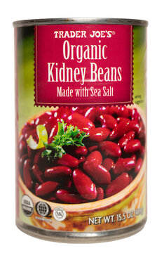 Millburn, New Jersey, USA - March 16, 2026: A can of Trader Joe's Organic Kidney Beans Made with Sea Salt on a transparent background.