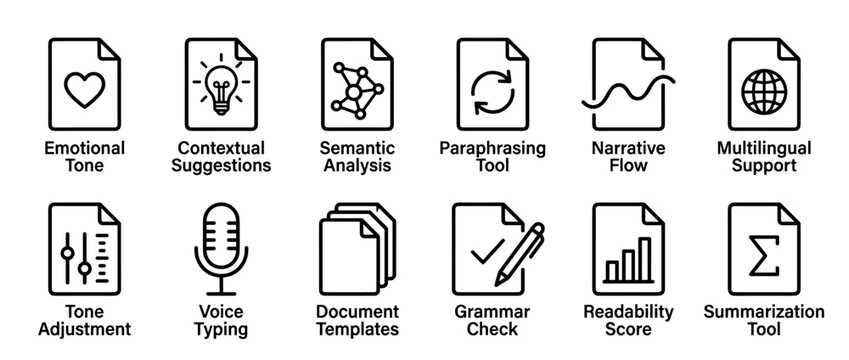 Twelve black outline icons illustrating writing assistant features, including emotional tone, semantic analysis, grammar check, and multilingual support, presented in a clean grid layout