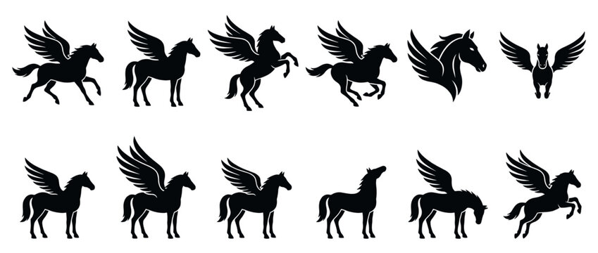 Collection of black winged horse silhouettes in various dynamic and elegant poses, depicted as mythical creatures in a vector illustration style