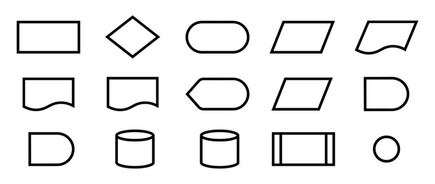 Various black outline flowchart symbols are neatly arranged in rows, illustrating common elements for process diagrams with a clean graphic style