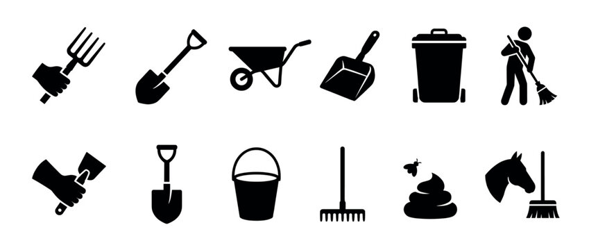 Black silhouette icons of various stable cleaning tools and equipment, including a pitchfork, shovel, wheelbarrow, rake, bucket, and horse manure, presented in a clean, graphic style