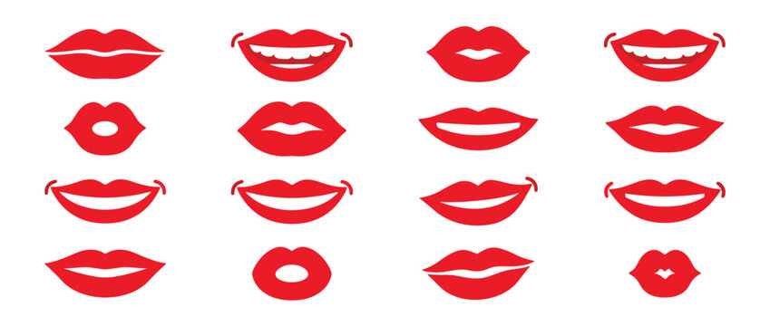 Sixteen red graphic lip icons are arranged in a grid, showcasing various mouth expressions from smiling to puckered, in a clean, modern vector style