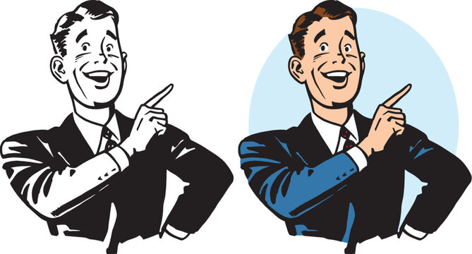 A vintage retro cartoon of a businessman pointing at something interesting. 