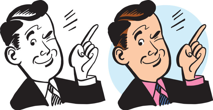 A vintage retro cartoon of a businessman pointing at something interesting. 
