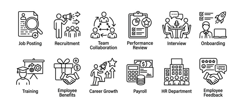 Comprehensive set of human resources line icons illustrating various business concepts and HR processes in a minimalist black and white style