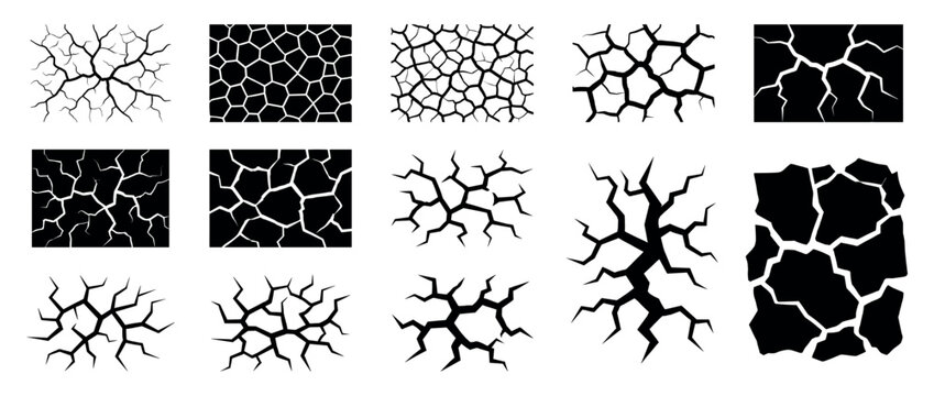 Various black and white crack patterns are displayed in a graphic collection, featuring intricate branching designs and polygonal shapes, illustrating concepts of damage and dryness
