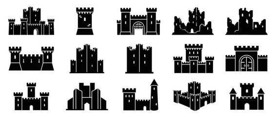 Obraz premium Fifteen distinct black silhouette castle icons are presented, showcasing various architectural styles from complete fortresses to ancient ruins in a flat, iconic design