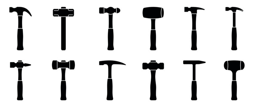 Diverse collection of twelve black hammer silhouettes, showcasing various tool designs and shapes in a clean, graphic style with even lighting