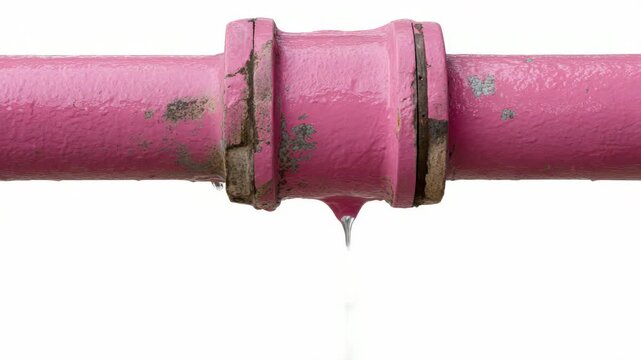 Closeup of pink pipe with dripping water: continuous flow and leak observation