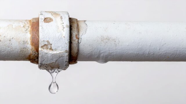 Slow dripping pipe with water leak showcasing fluid dynamics closeup
