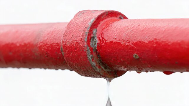 Water droplets forming on red pipe surface in slow motion