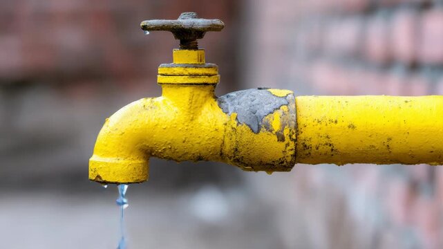 Old rusty yellow pipe dripping water steadily against blurred background