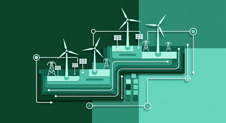 Wind energy concept, geometric structured composition with modular wind turbine shapes arranged in a clean grid landscape,